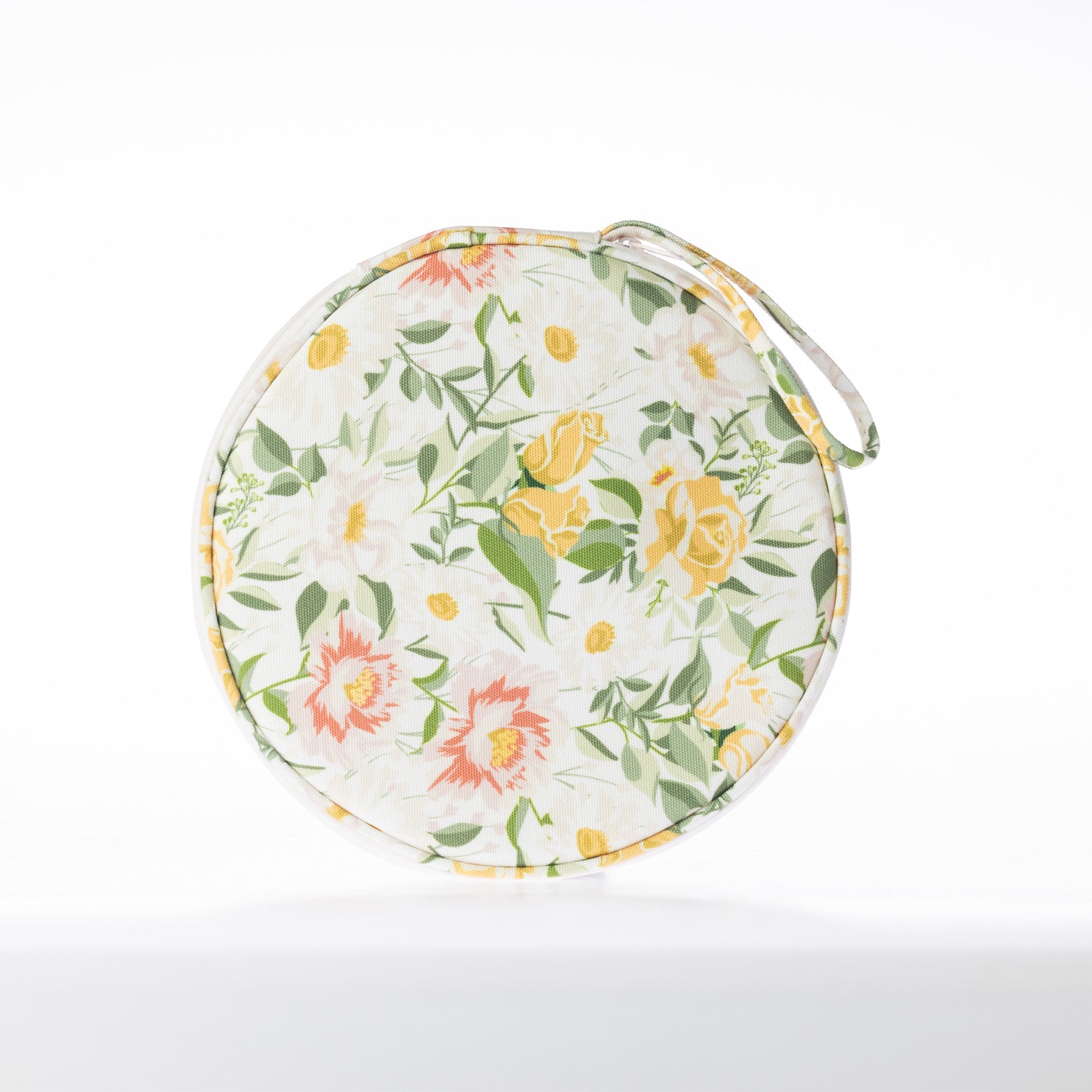 A round zippered picnic set pouch with a handle.