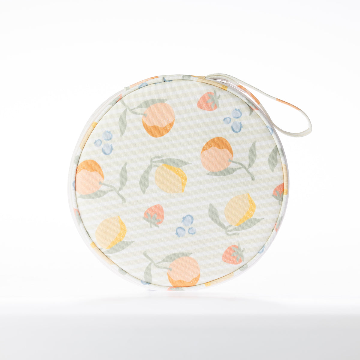 A round zippered picnic set pouch with a handle.