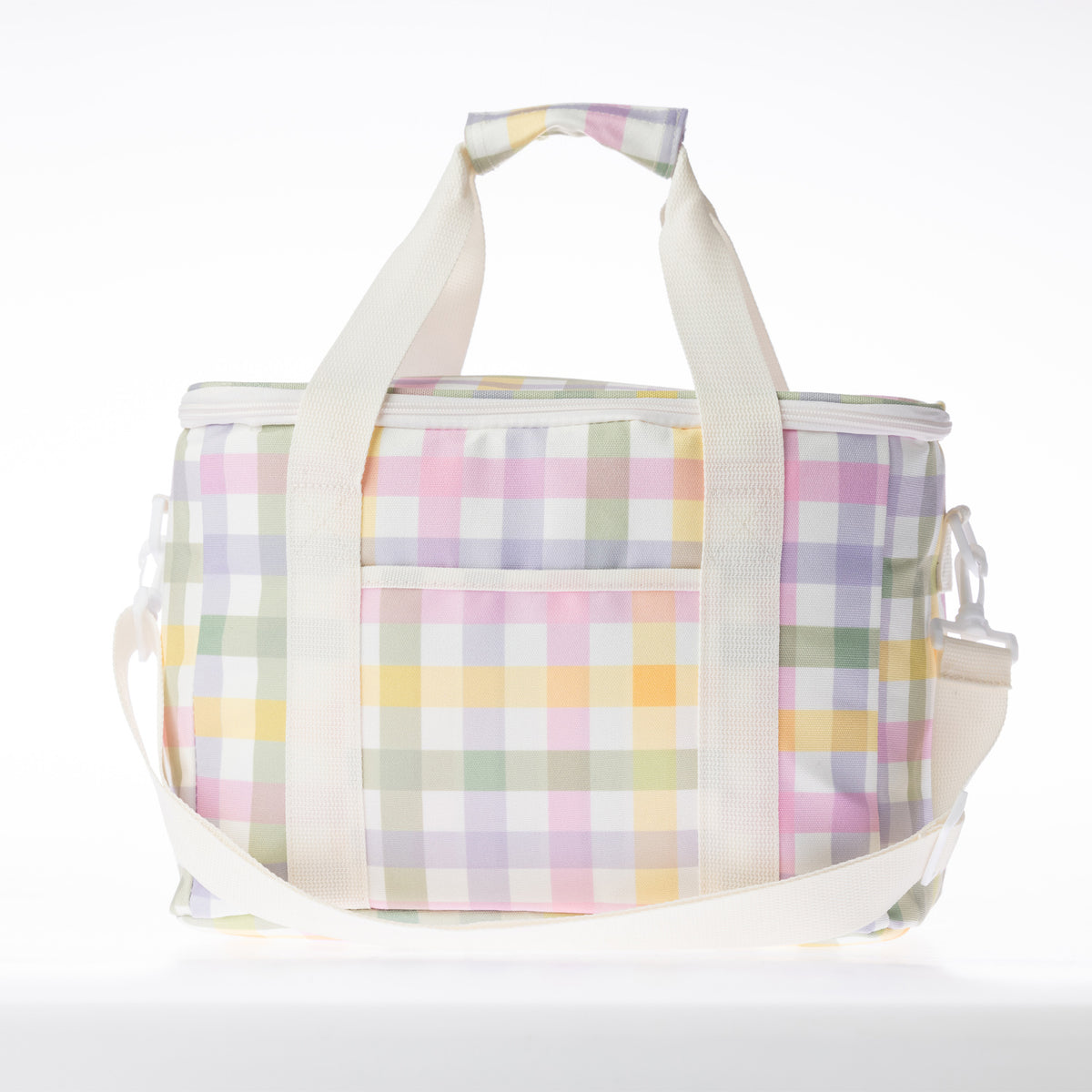 A check print lunch bag with a handles, shown on a clean white background.