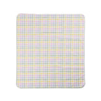 A flat lay view of a printed picnic mat