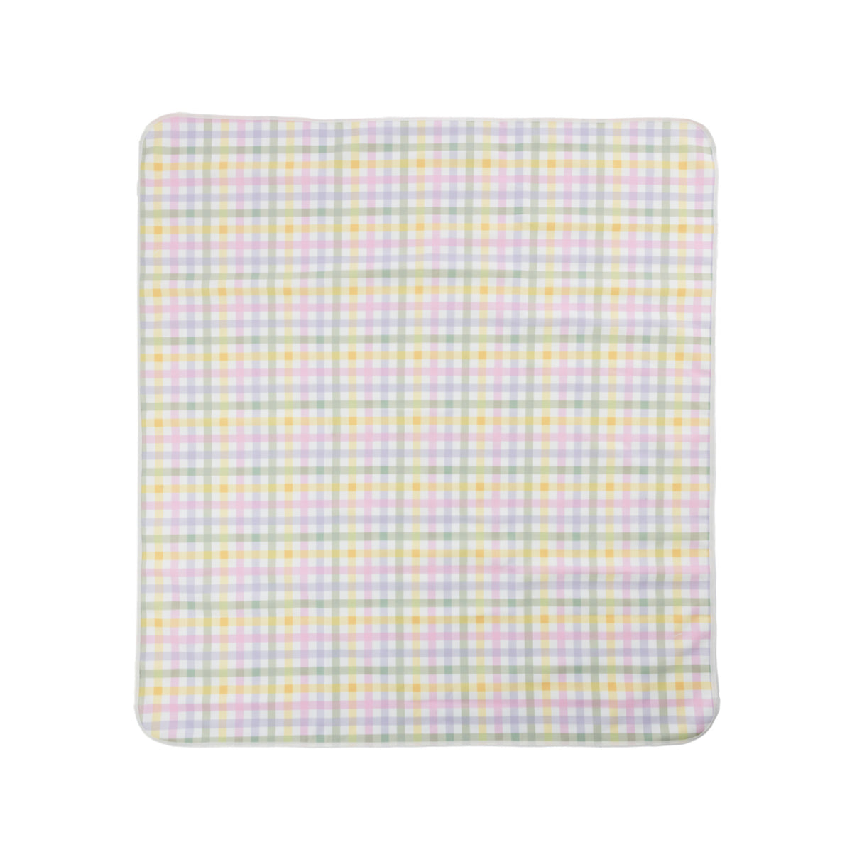 A flat lay view of a printed picnic mat