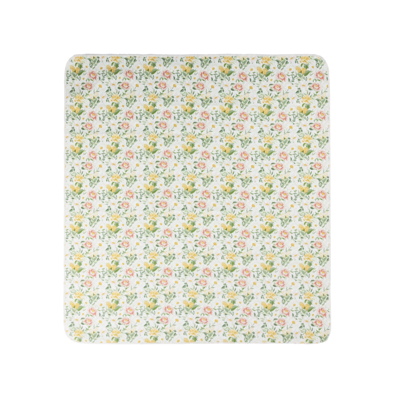 A flat lay view of a printed picnic mat