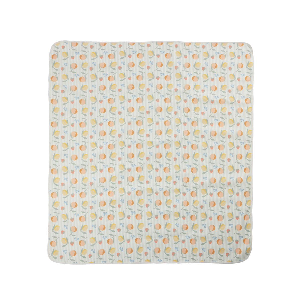 A flat lay view of a printed picnic mat