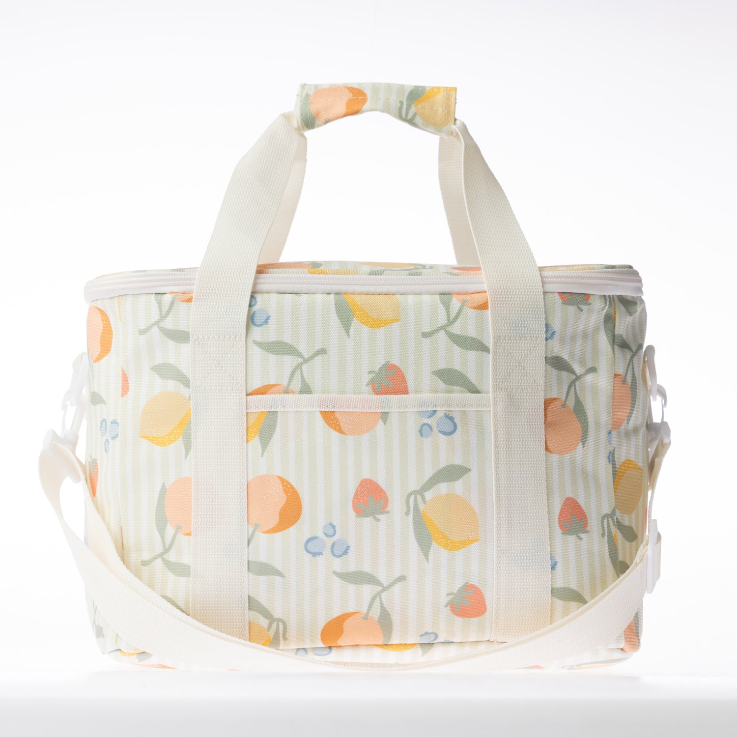 A fruit print lunch bag with a handles, shown on a clean white background.