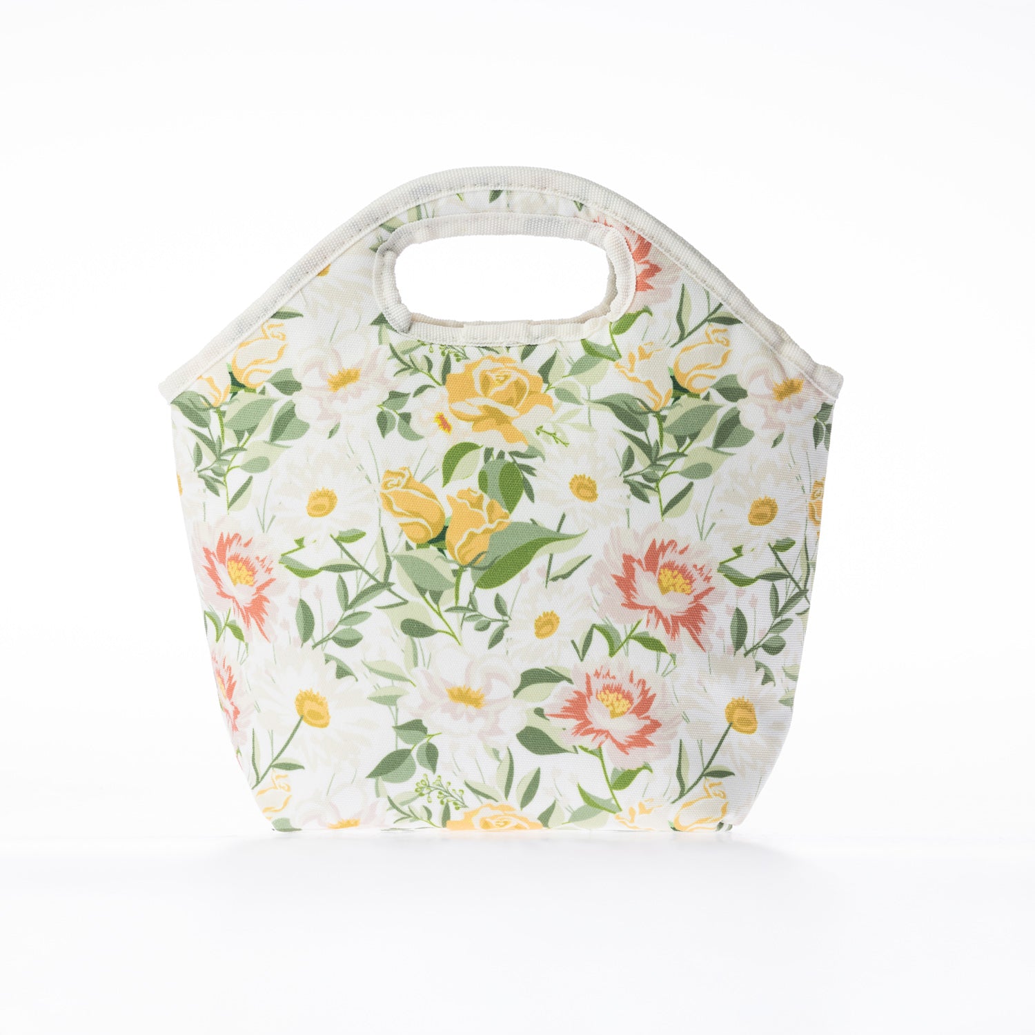A floral print lunch bag with a top handle, shown on a clean white background.