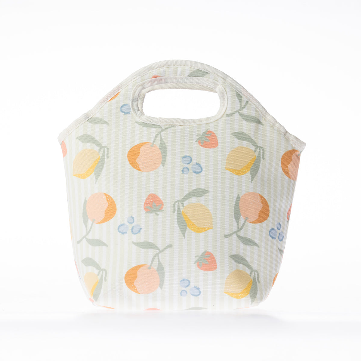 A fruit print lunch bag with a top handle, shown on a clean white background.