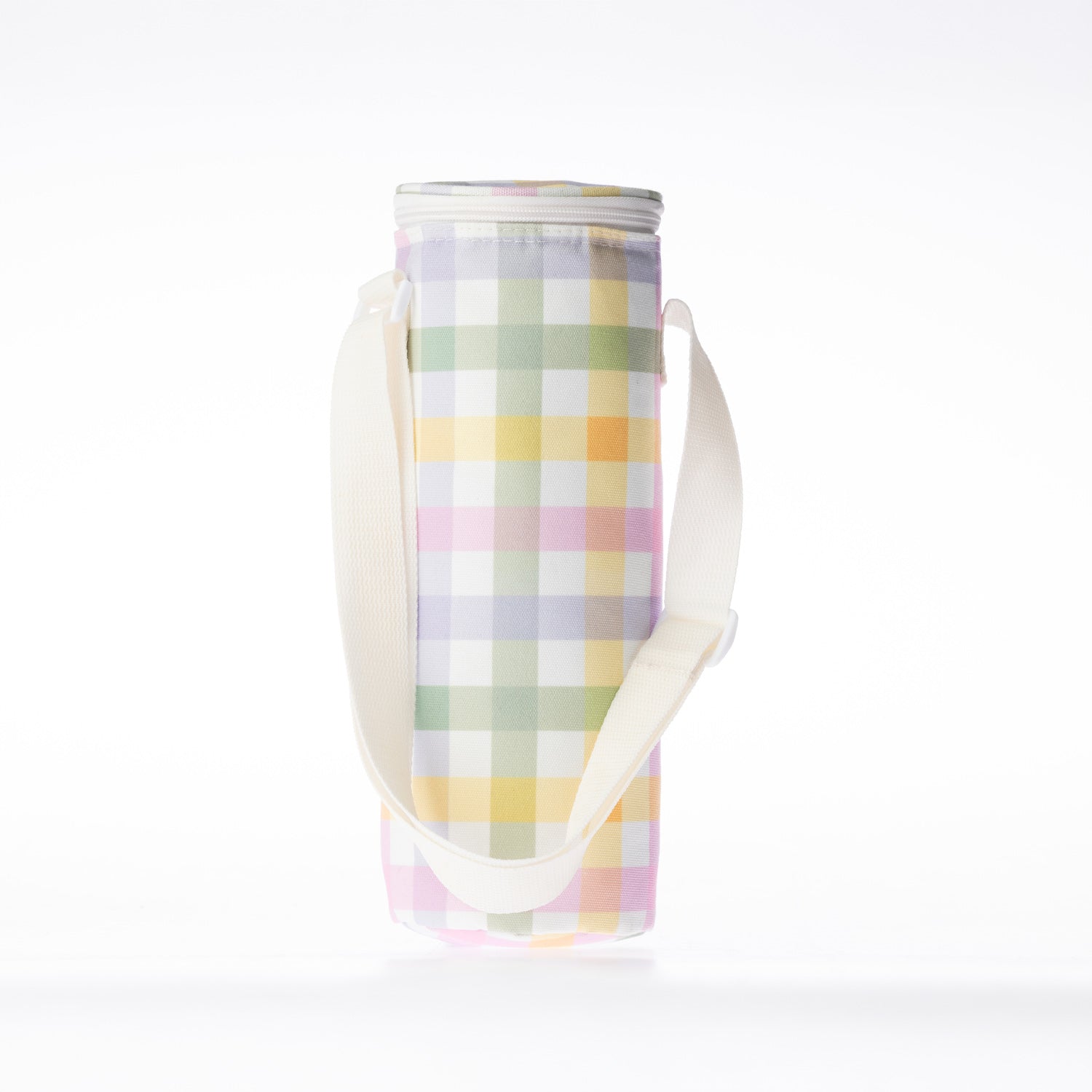 A check print bottle bag with a white strap stands against a white background.