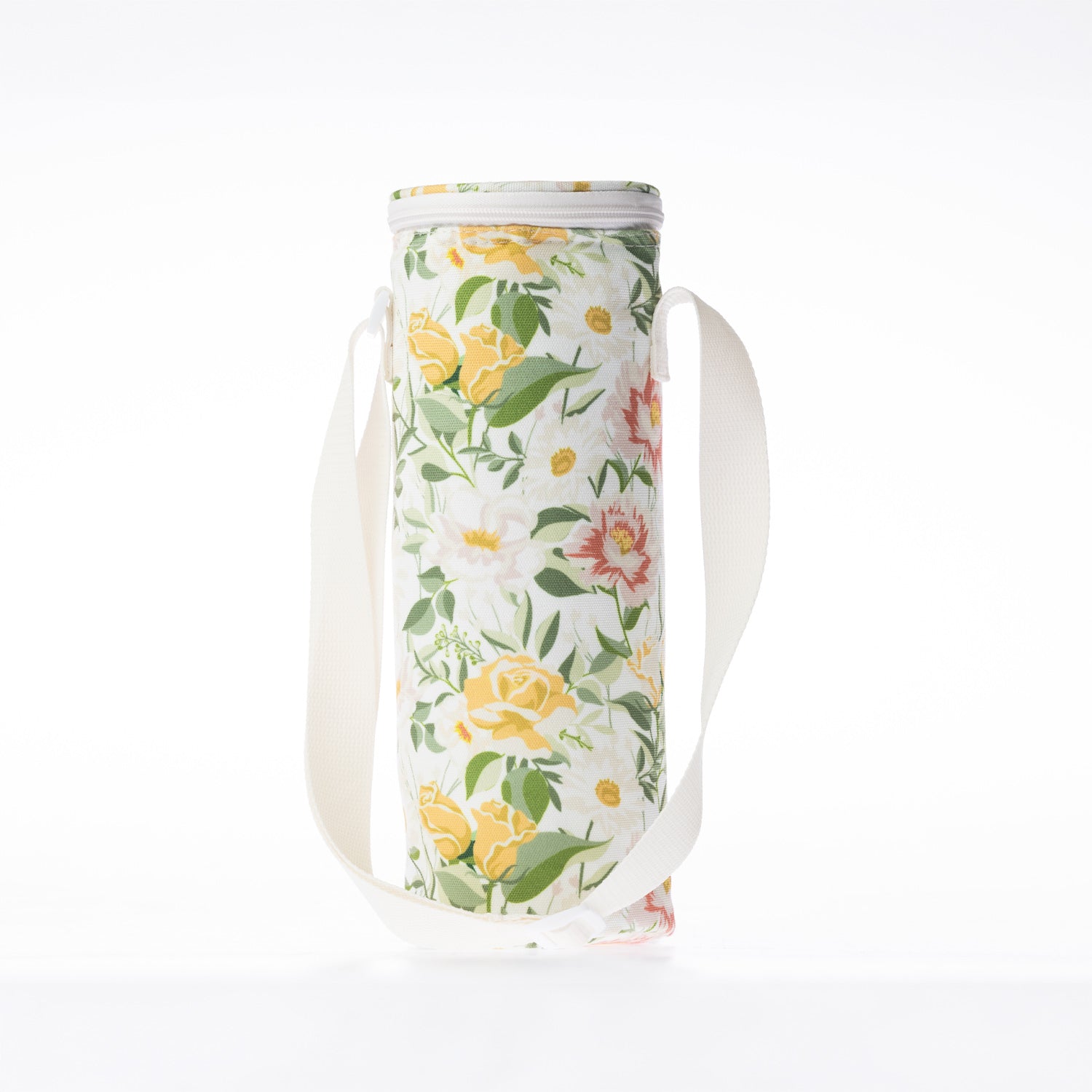 A floral print bottle bag with a white strap stands against a white background.