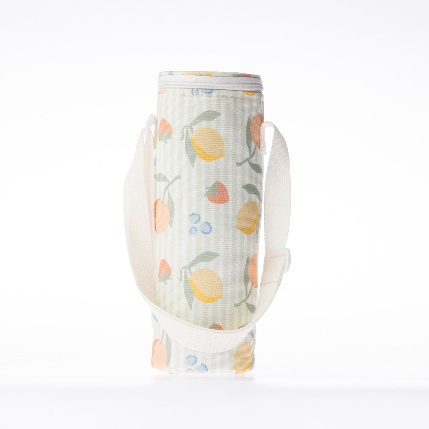 A fruit print bottle bag with a white strap stands against a white background.