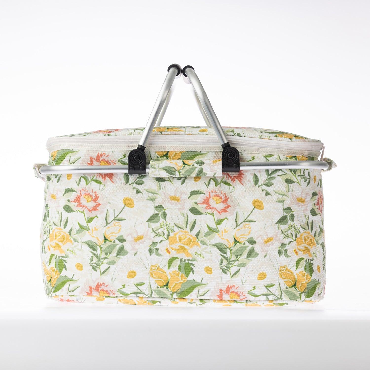 A floral print cooler bag on a white background.