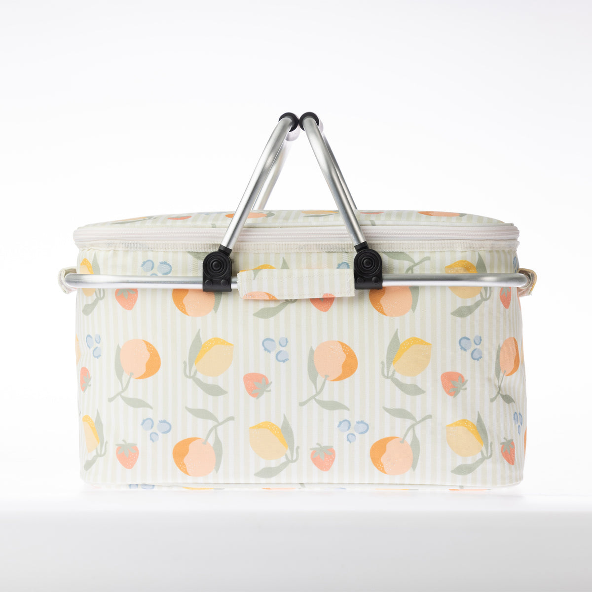 A fruit print cooler bag on a white background.