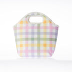 A check print lunch bag with a top handle, shown on a clean white background.