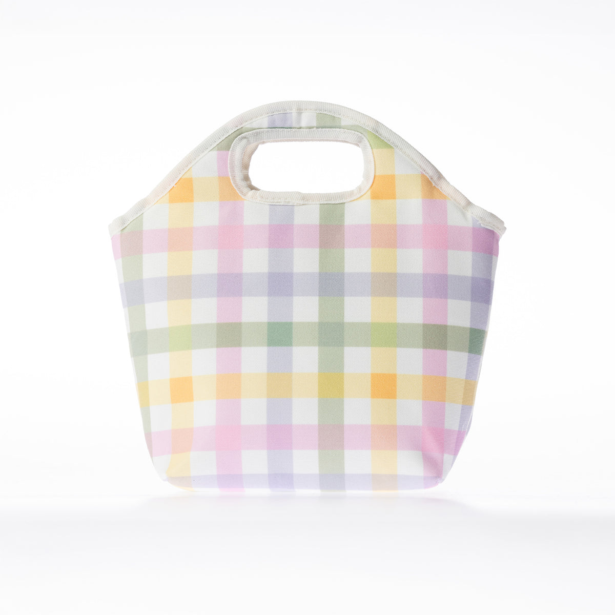 A check print lunch bag with a top handle, shown on a clean white background.