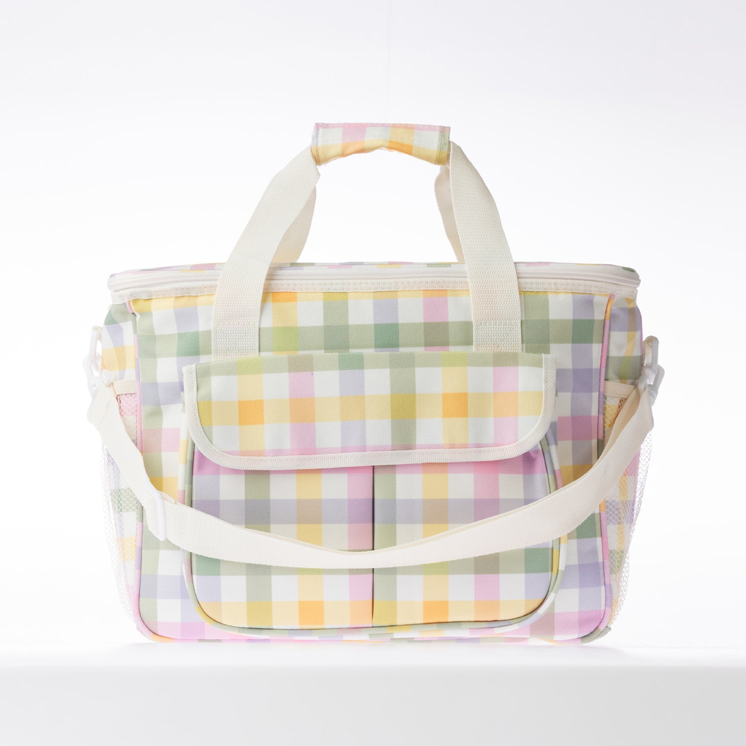 A check print cooler bag on a white background.