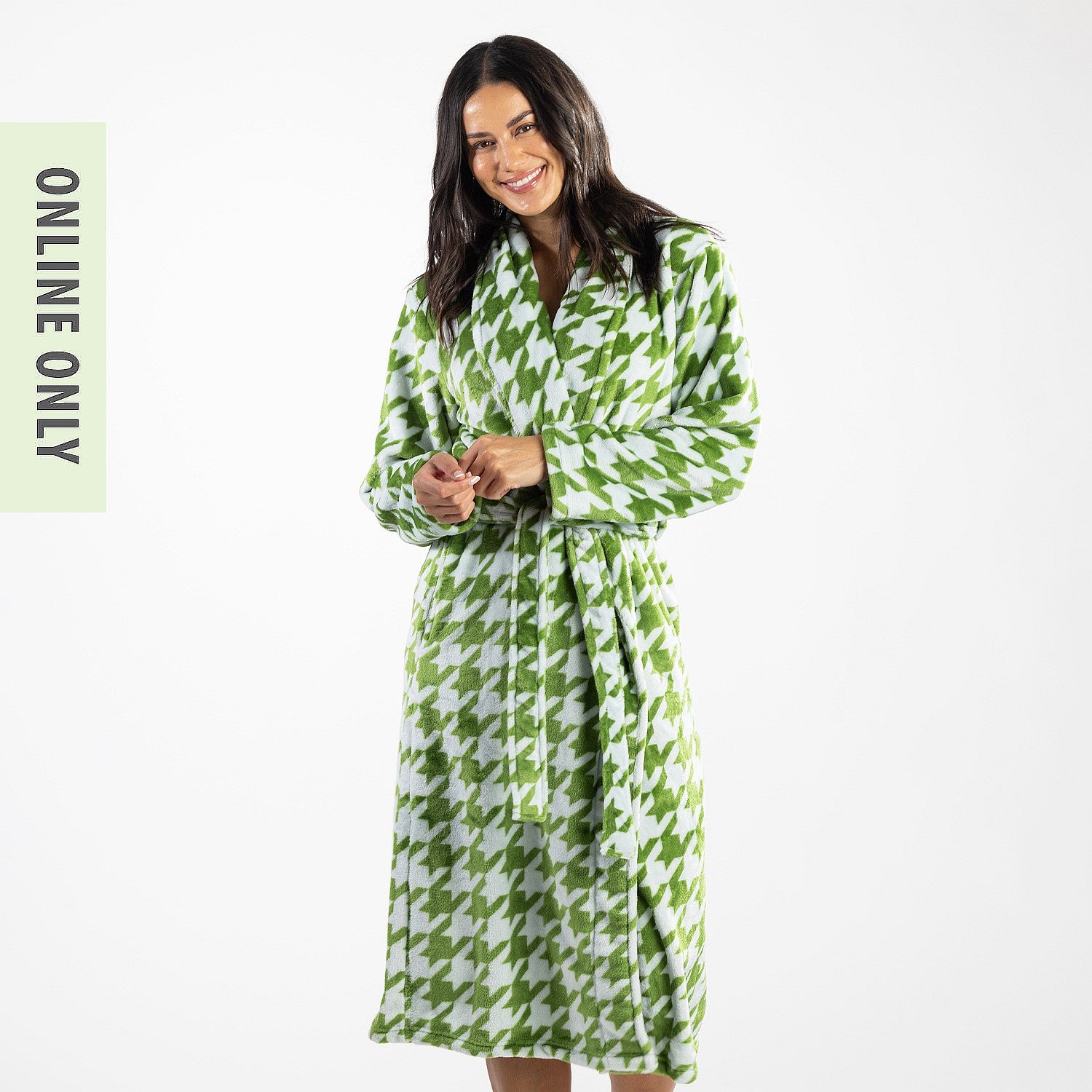 Amparo May Houndstooth Blue & Green Plush Bathrobe