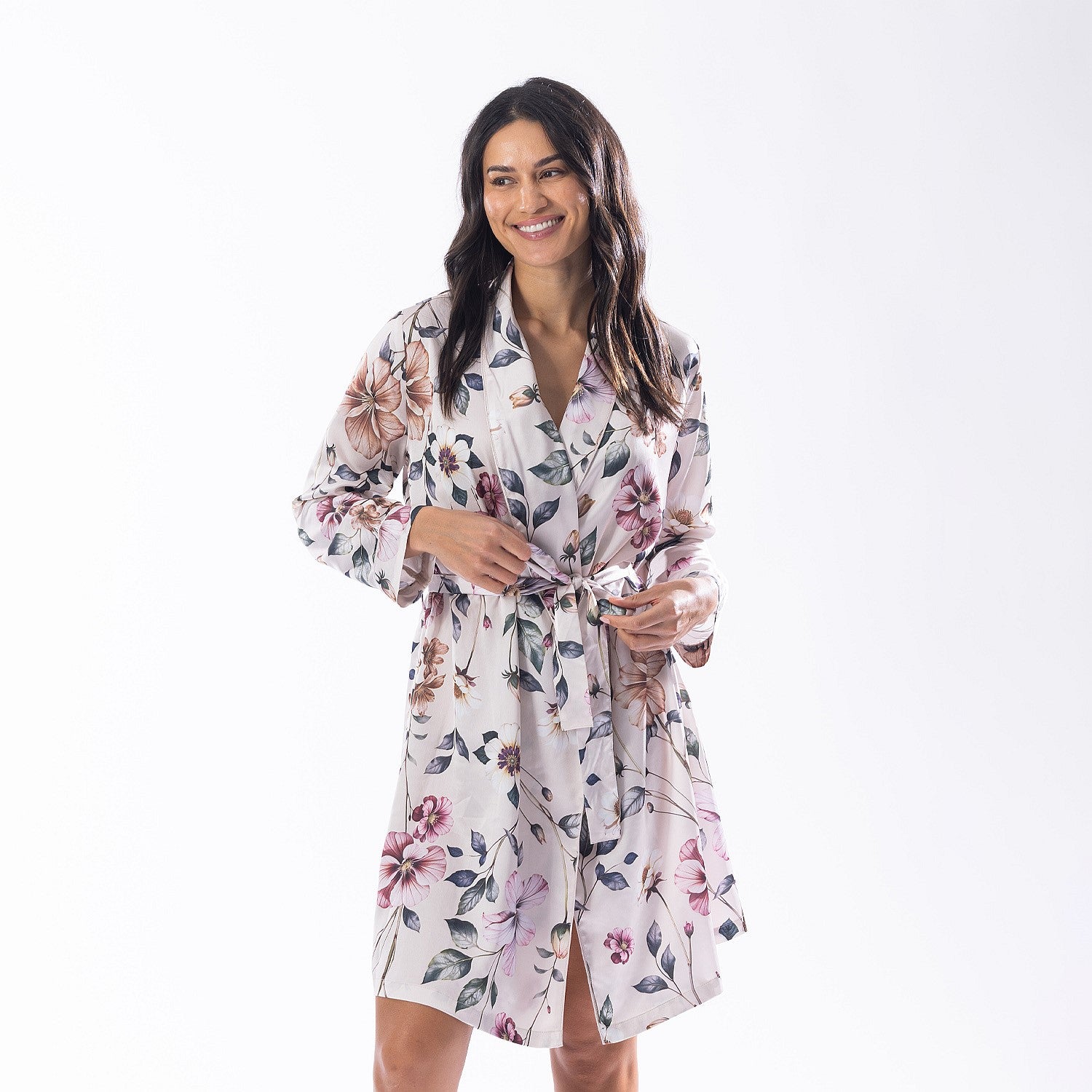 Design Republique Malibu Satin Printed Robe Cream