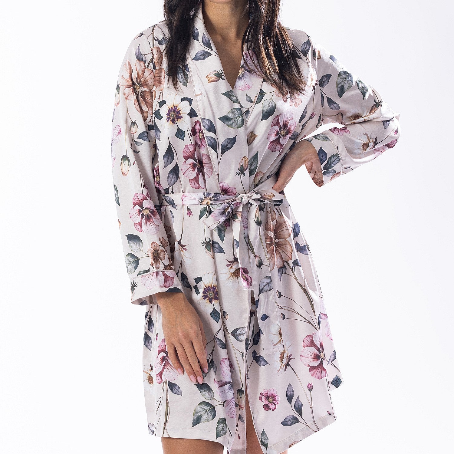 Design Republique Malibu Satin Printed Robe Cream