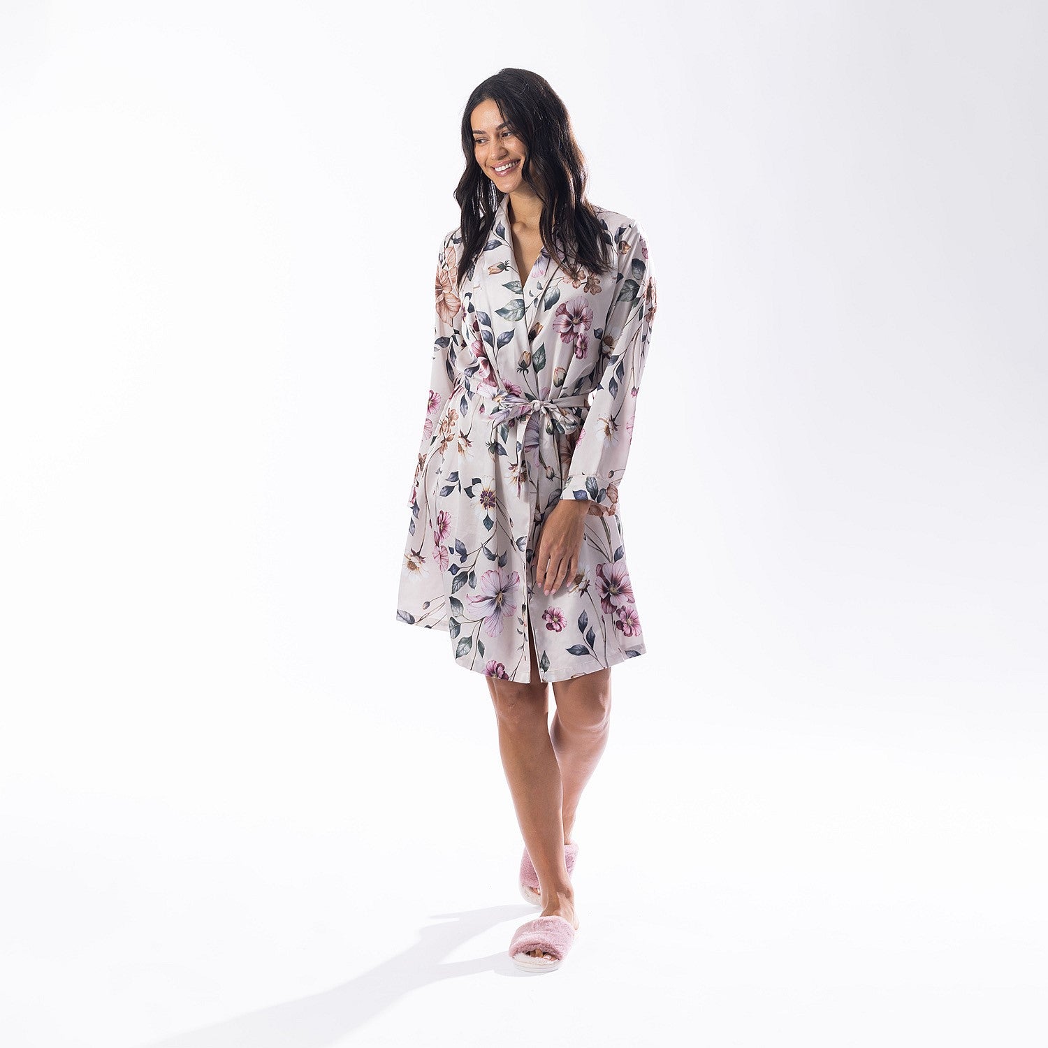 Design Republique Malibu Satin Printed Robe Cream