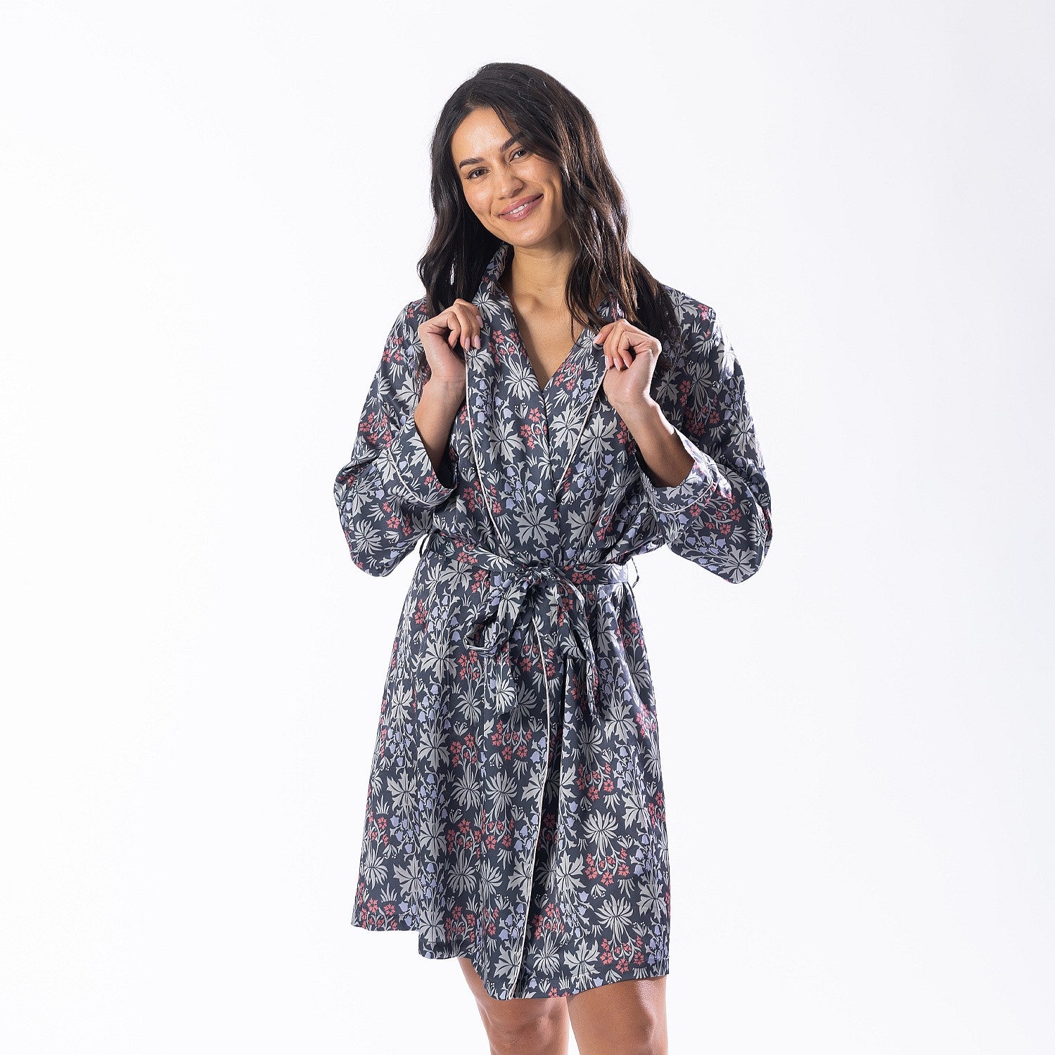 Design Republique Malibu Satin Printed Bathrobe Charcoal