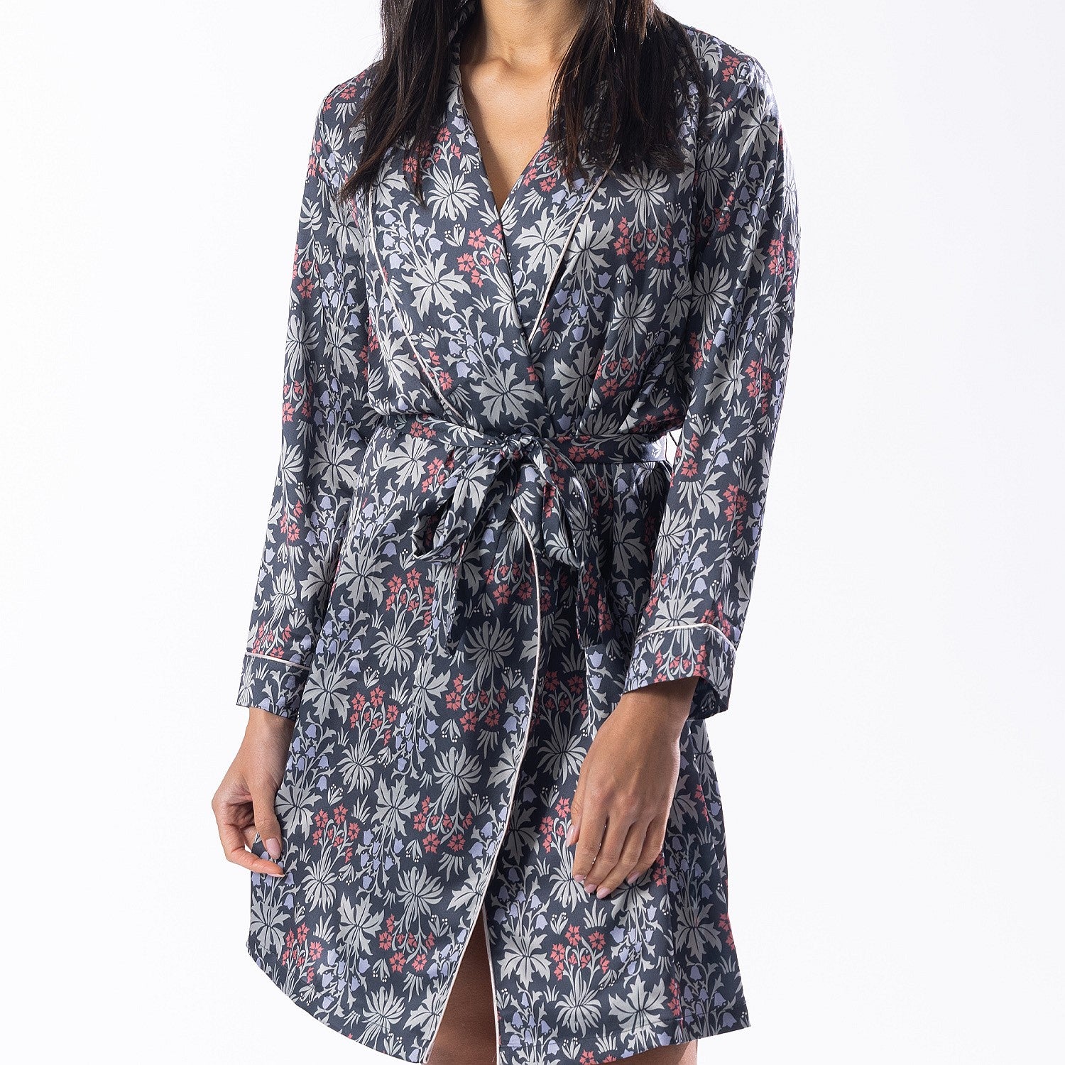 Design Republique Malibu Satin Printed Bathrobe Charcoal