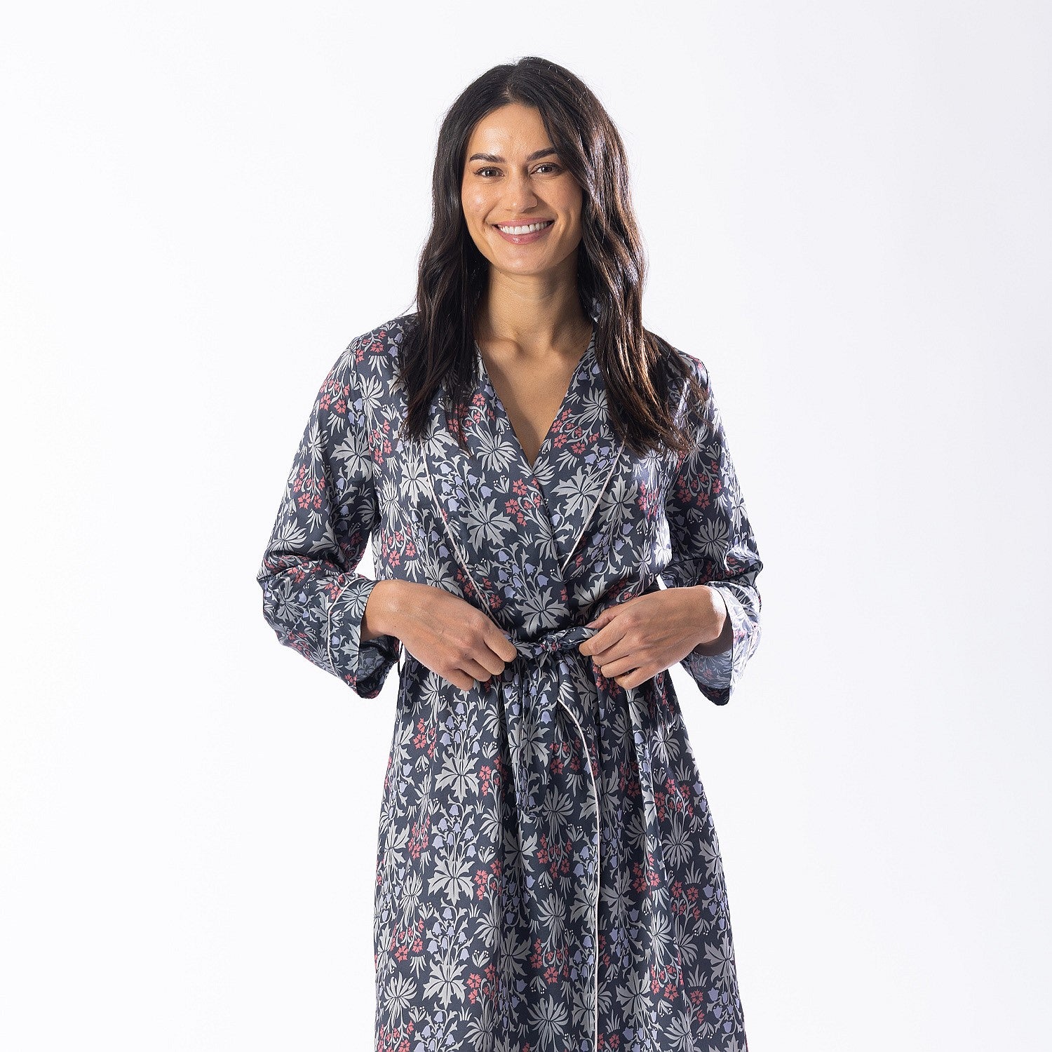 Design Republique Malibu Satin Printed Bathrobe Charcoal