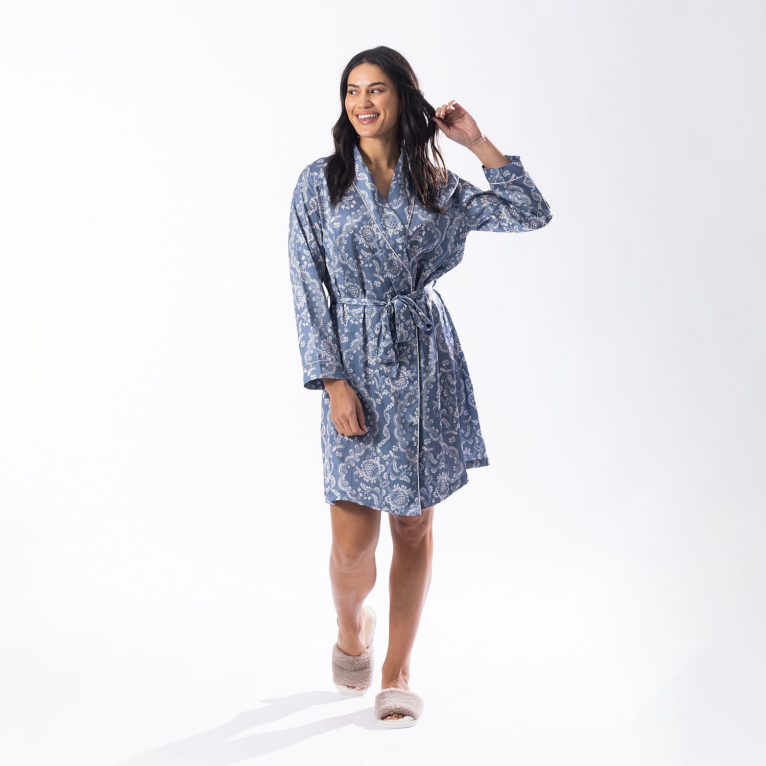 Design Republique Malibu Satin Printed Bathrobe Denim