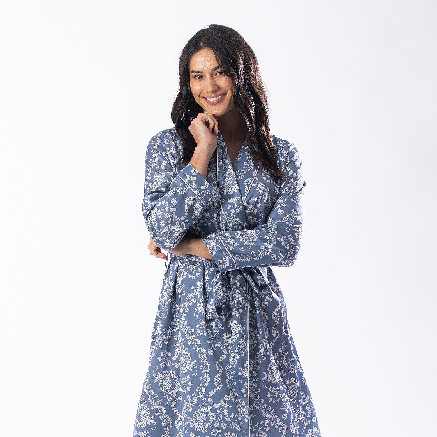 Design Republique Malibu Satin Printed Bathrobe Denim