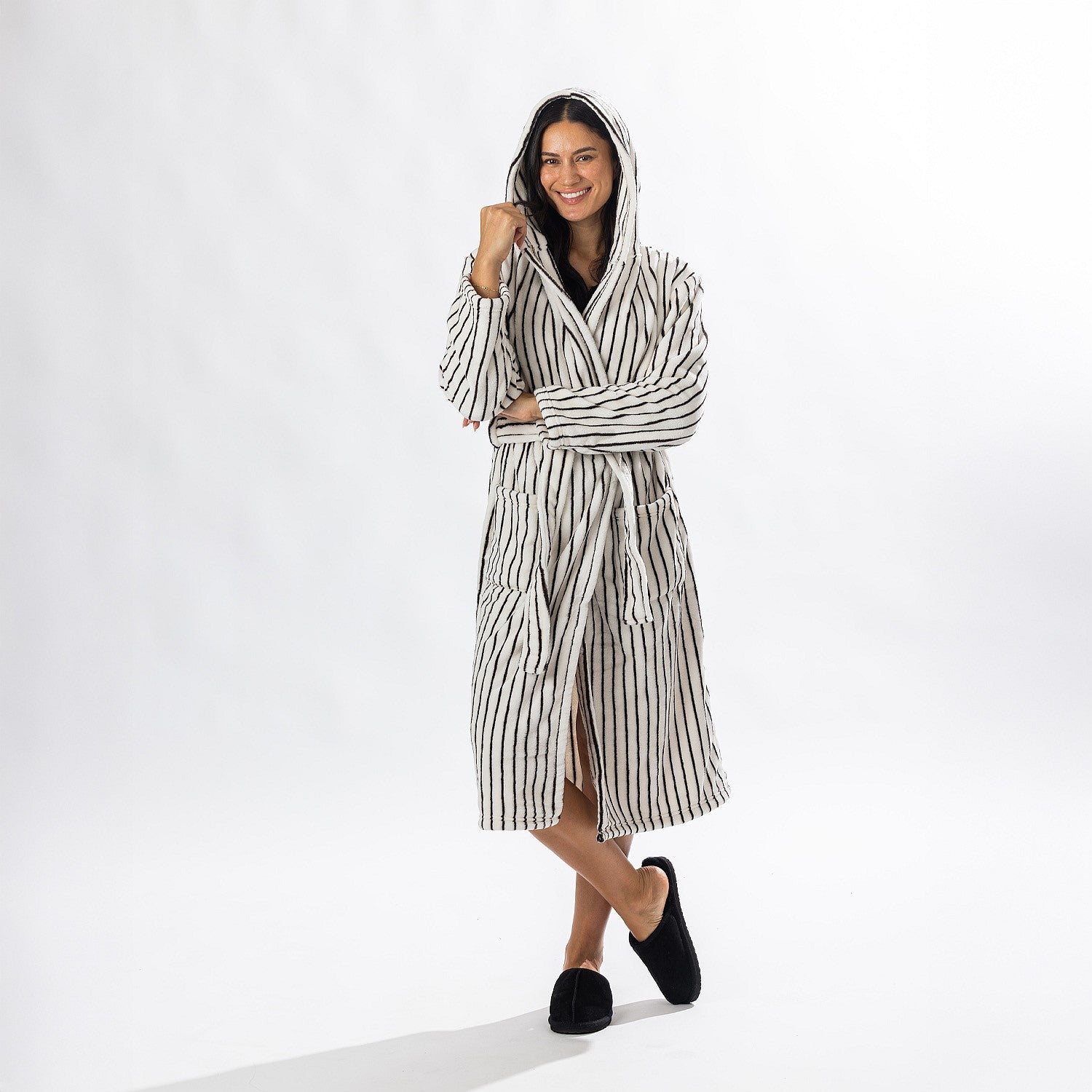 Solace Contrast Stripe 3/4 Hooded Bathrobe Ivory