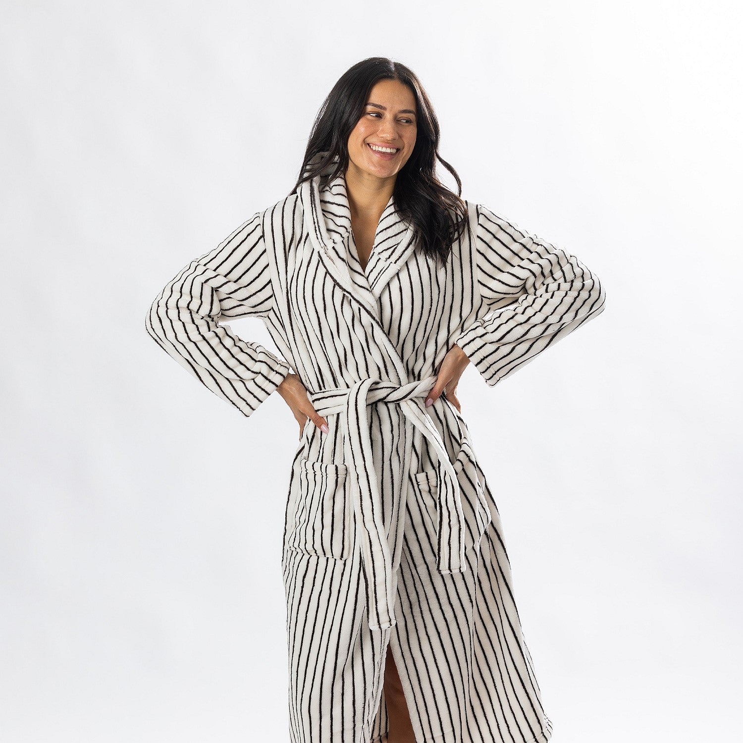 Solace Contrast Stripe 3/4 Hooded Bathrobe Ivory