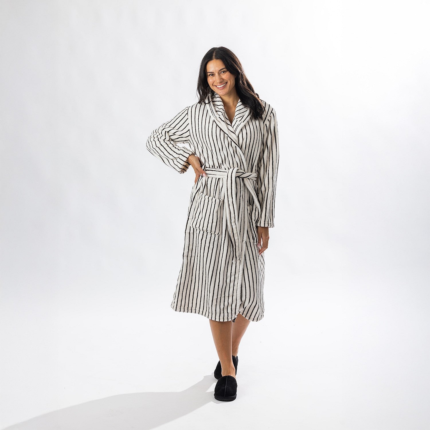 Solace Contrast Stripe 3/4 Hooded Bathrobe Ivory