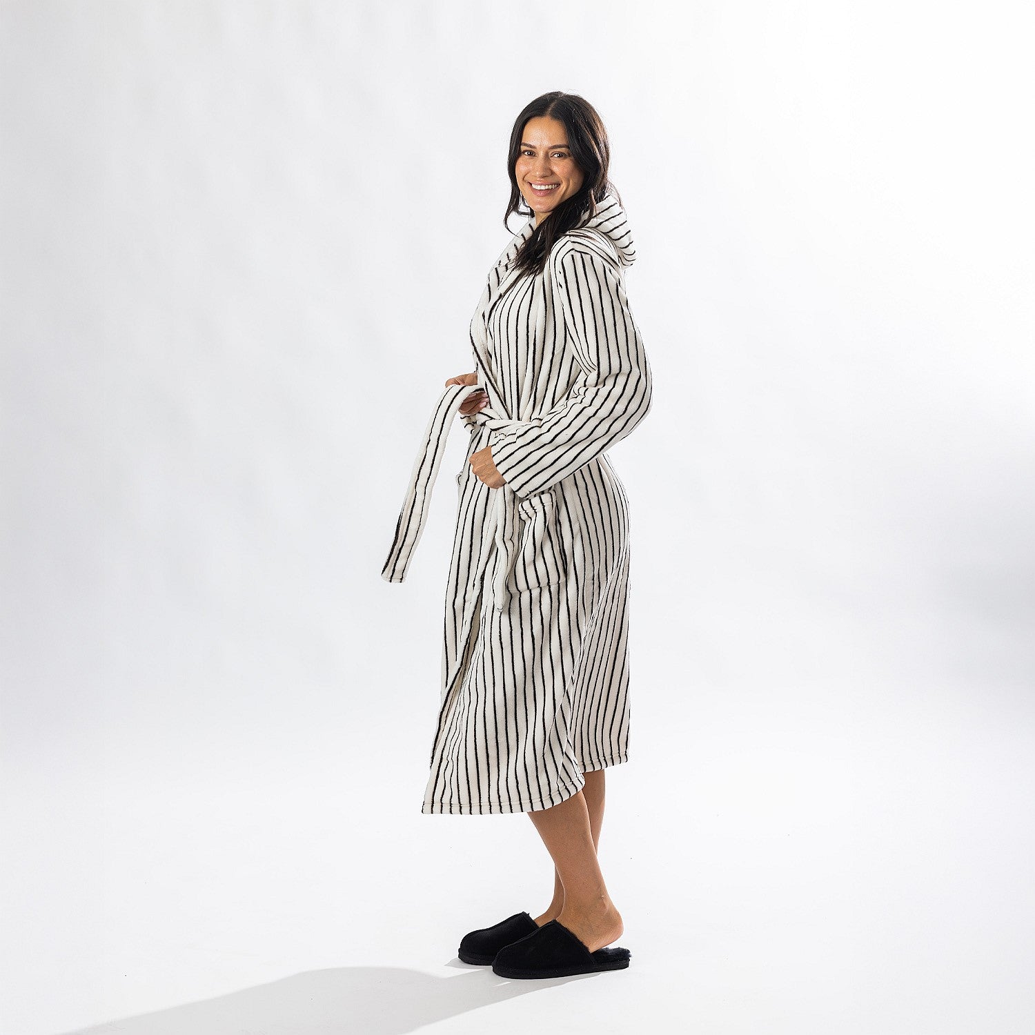 Solace Contrast Stripe 3/4 Hooded Bathrobe Ivory