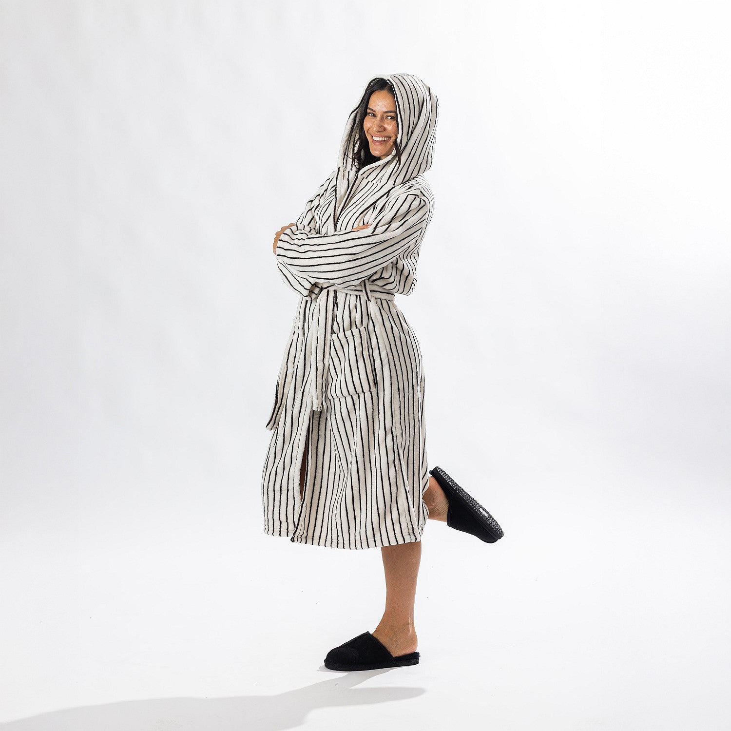 Solace Contrast Stripe 3/4 Hooded Bathrobe Ivory
