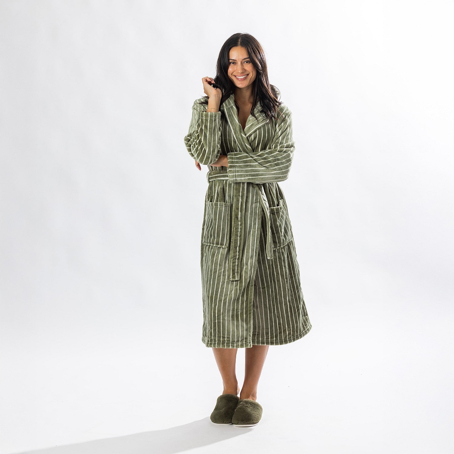 Solace Contrast Stripe 3/4 Hooded Bathrobe Khaki