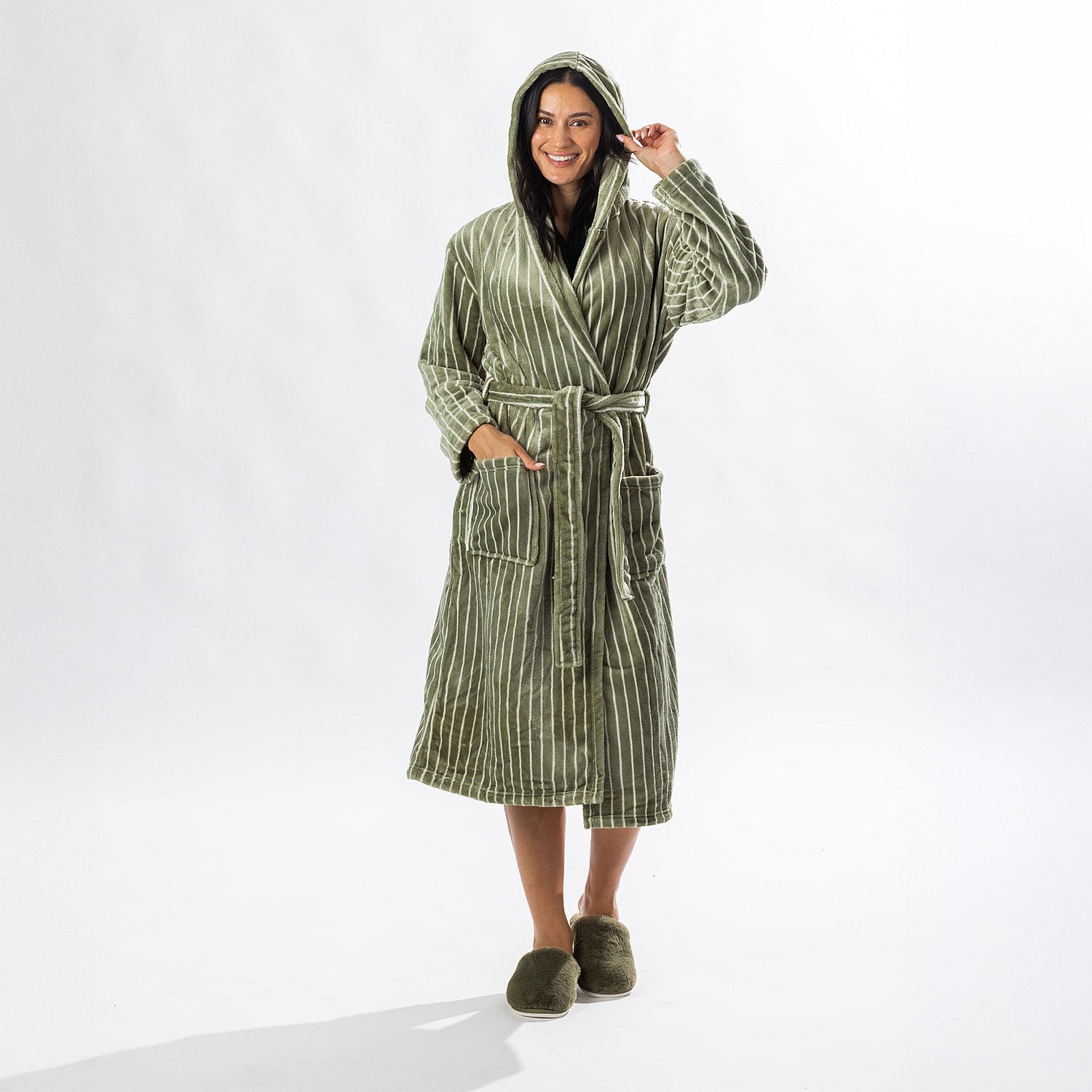 Solace Contrast Stripe 3/4 Hooded Bathrobe Khaki