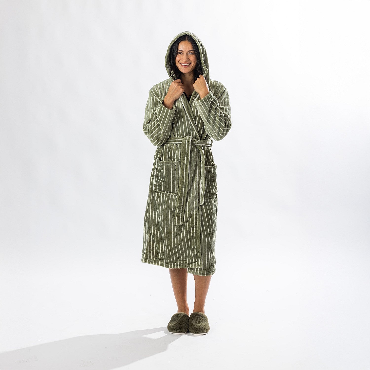 Solace Contrast Stripe 3/4 Hooded Bathrobe Khaki
