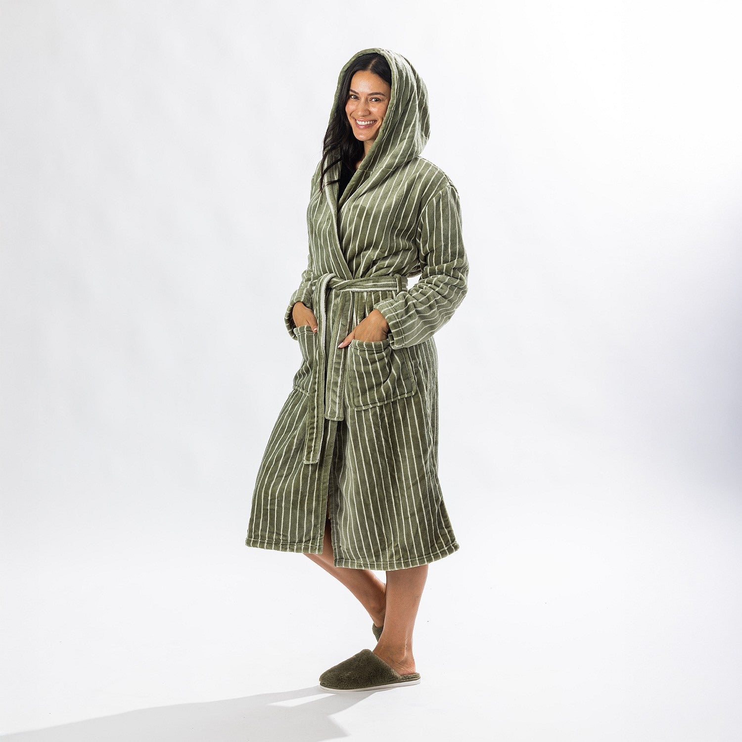 Solace Contrast Stripe 3/4 Hooded Bathrobe Khaki
