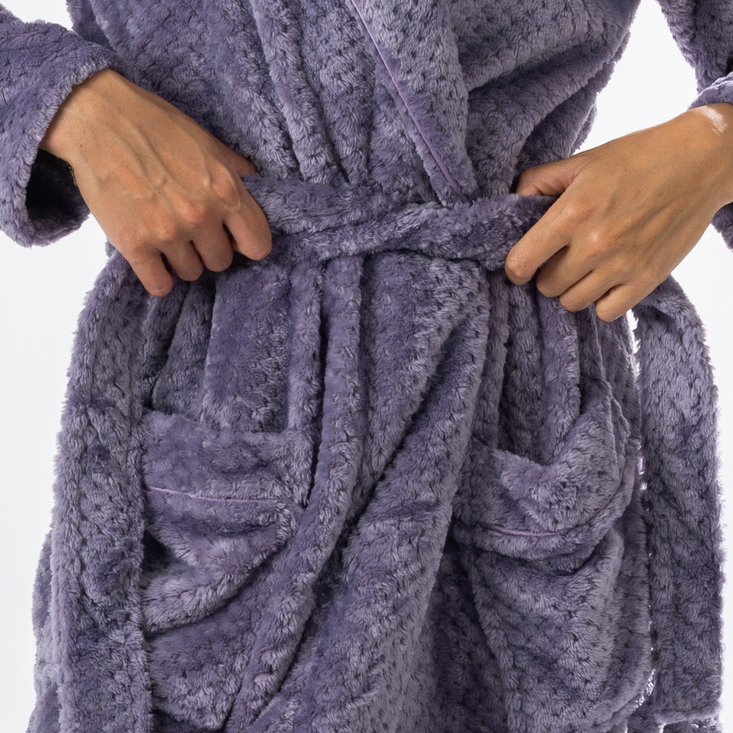 Close-up of the Lavender textured plush bathrobe showing the soft fabric, shawl collar, self-tie belt and spacious front pocket.