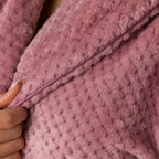 Close-up of the Rose textured plush bathrobe highlighting the ultra-soft fabric, textured finish and plush shawl collar.