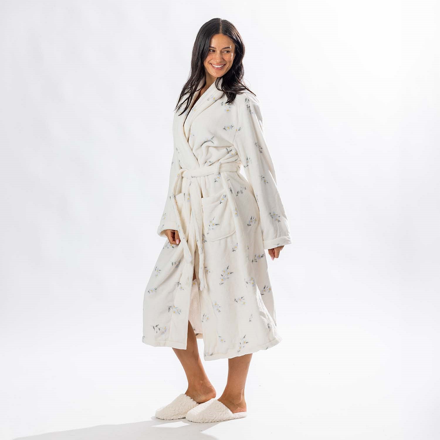 Design Republique Floral Printed 3/4 Length Plush Bathrobe