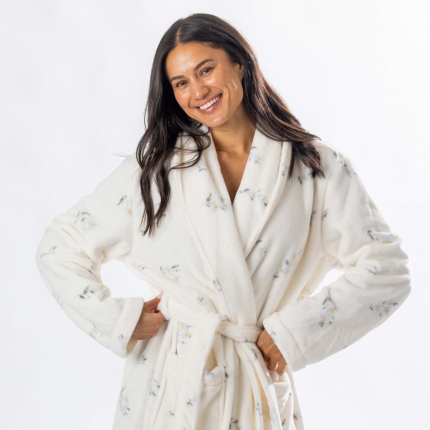 Design Republique Floral Printed 3/4 Length Plush Bathrobe