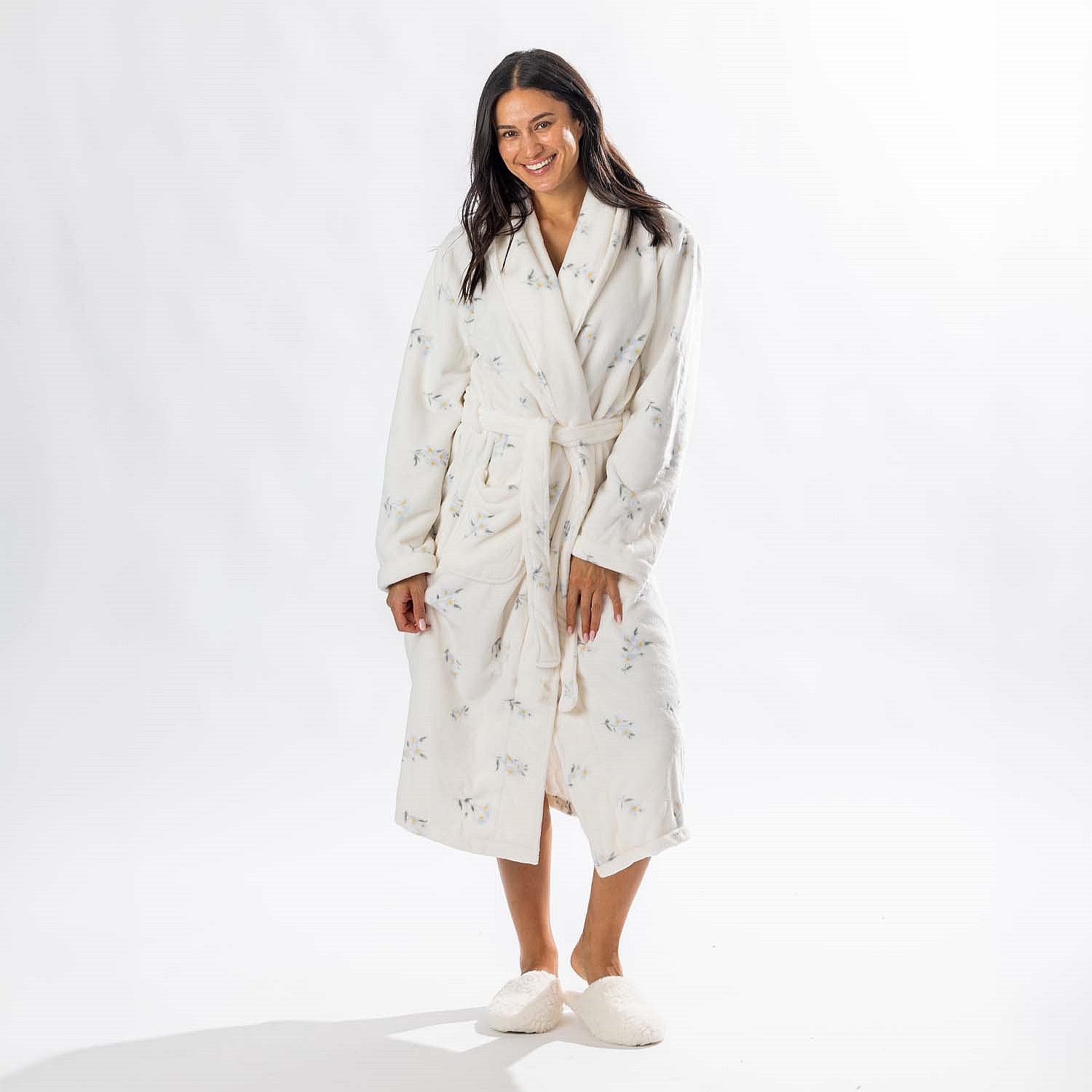 Design Republique Floral Printed 3/4 Length Plush Bathrobe