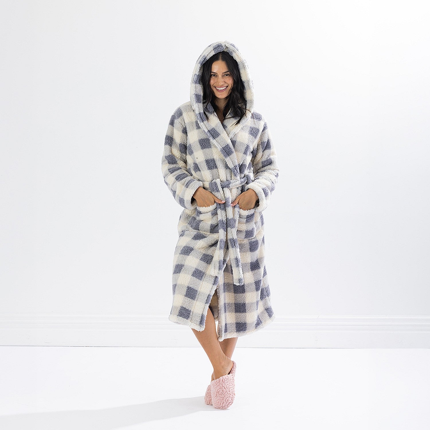 Solace Check Hooded 3/4 Length Plush Bathrobe Denim