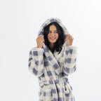 Solace Check Hooded 3/4 Length Plush Bathrobe Denim