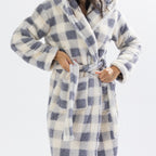 Solace Check Hooded 3/4 Length Plush Bathrobe Denim
