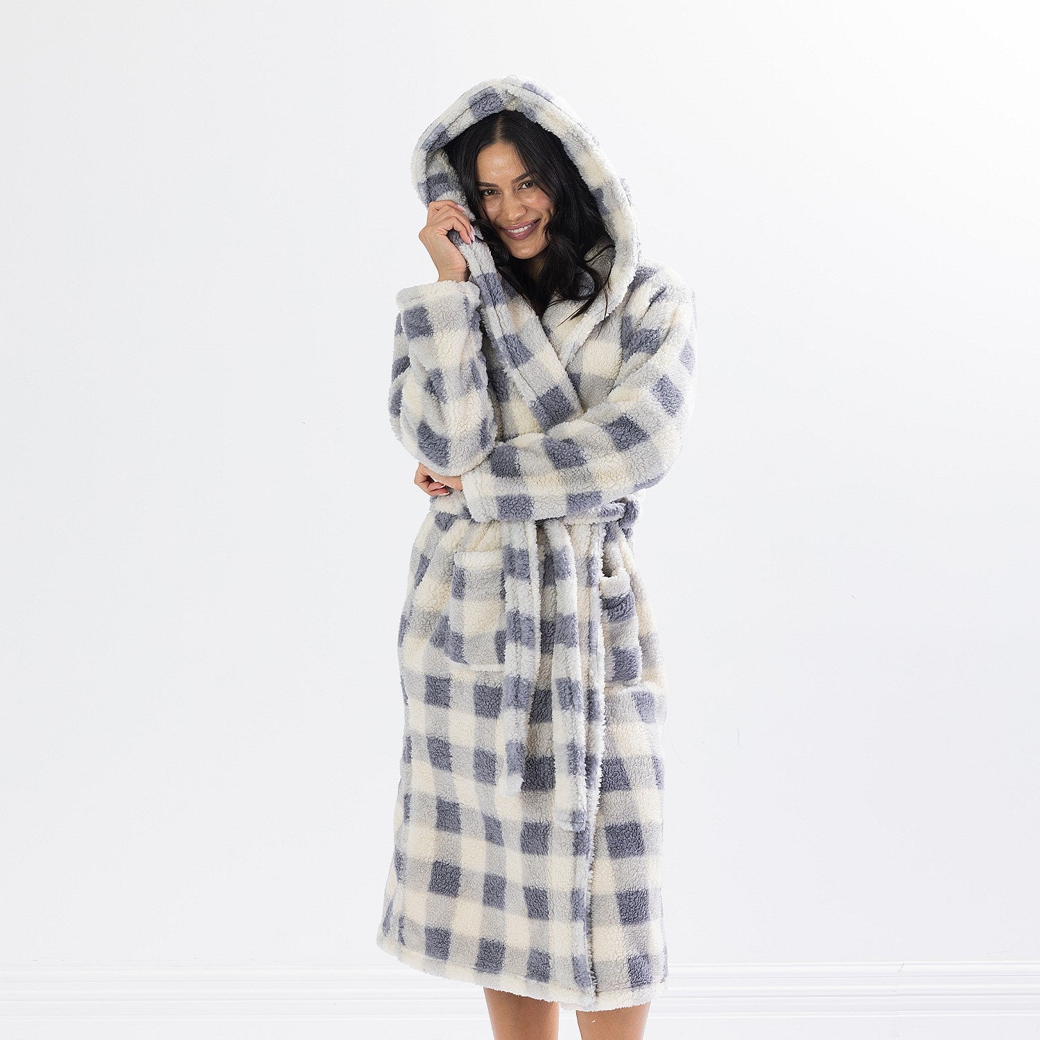 Solace Check Hooded 3/4 Length Plush Bathrobe Denim