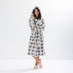 Solace Check Hooded 3/4 Length Plush Bathrobe Denim