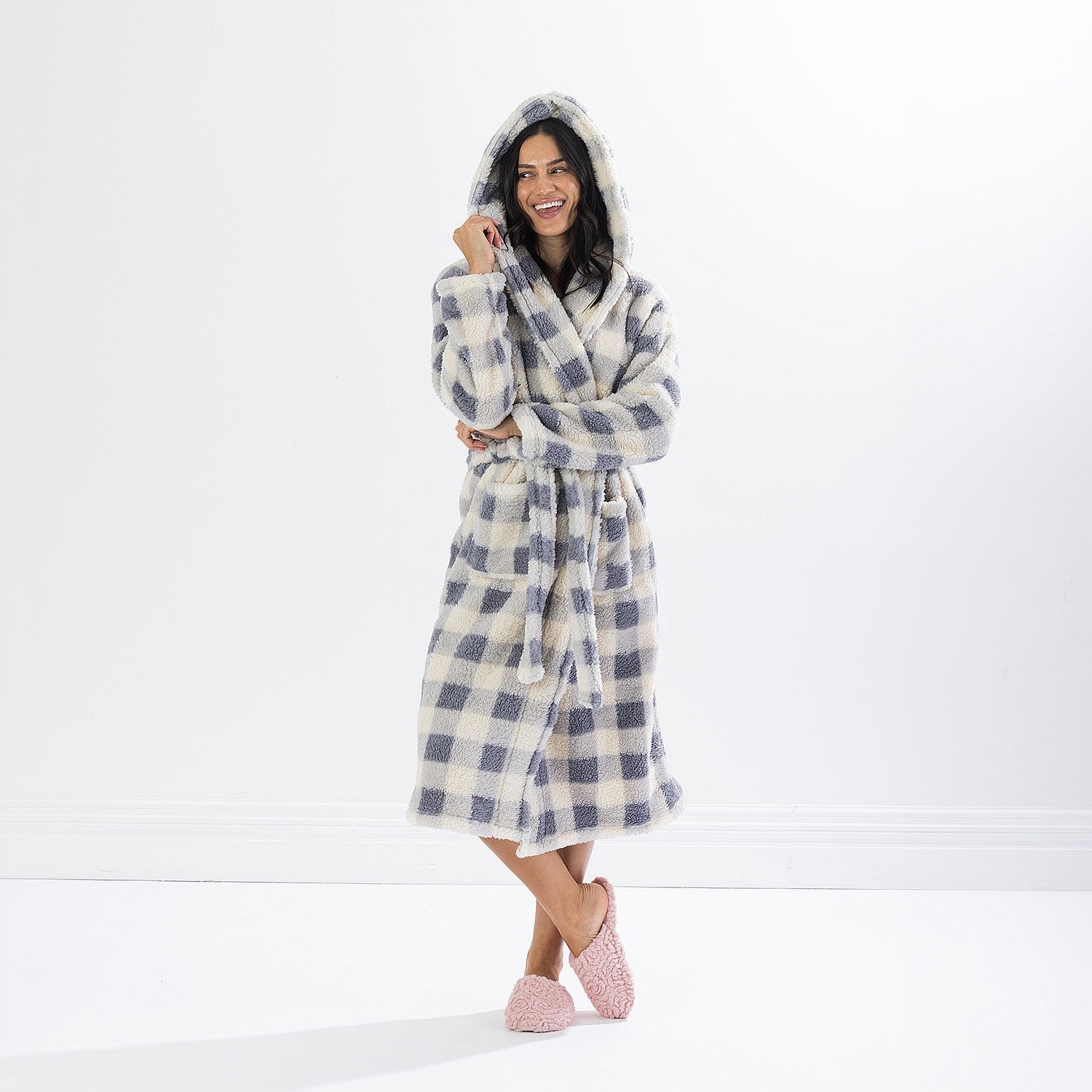 Solace Check Hooded 3/4 Length Plush Bathrobe Denim