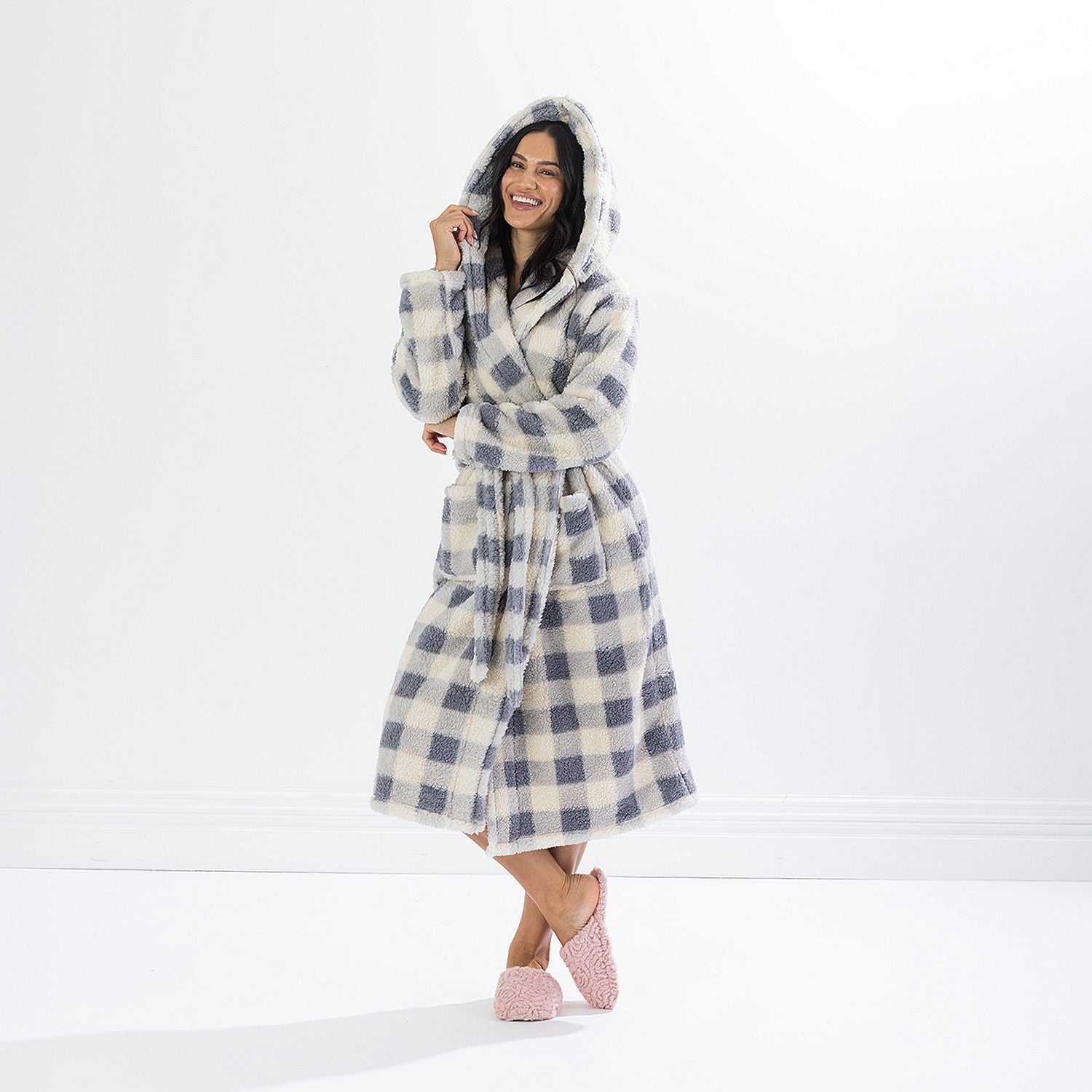 Solace Check Hooded 3/4 Length Plush Bathrobe Denim