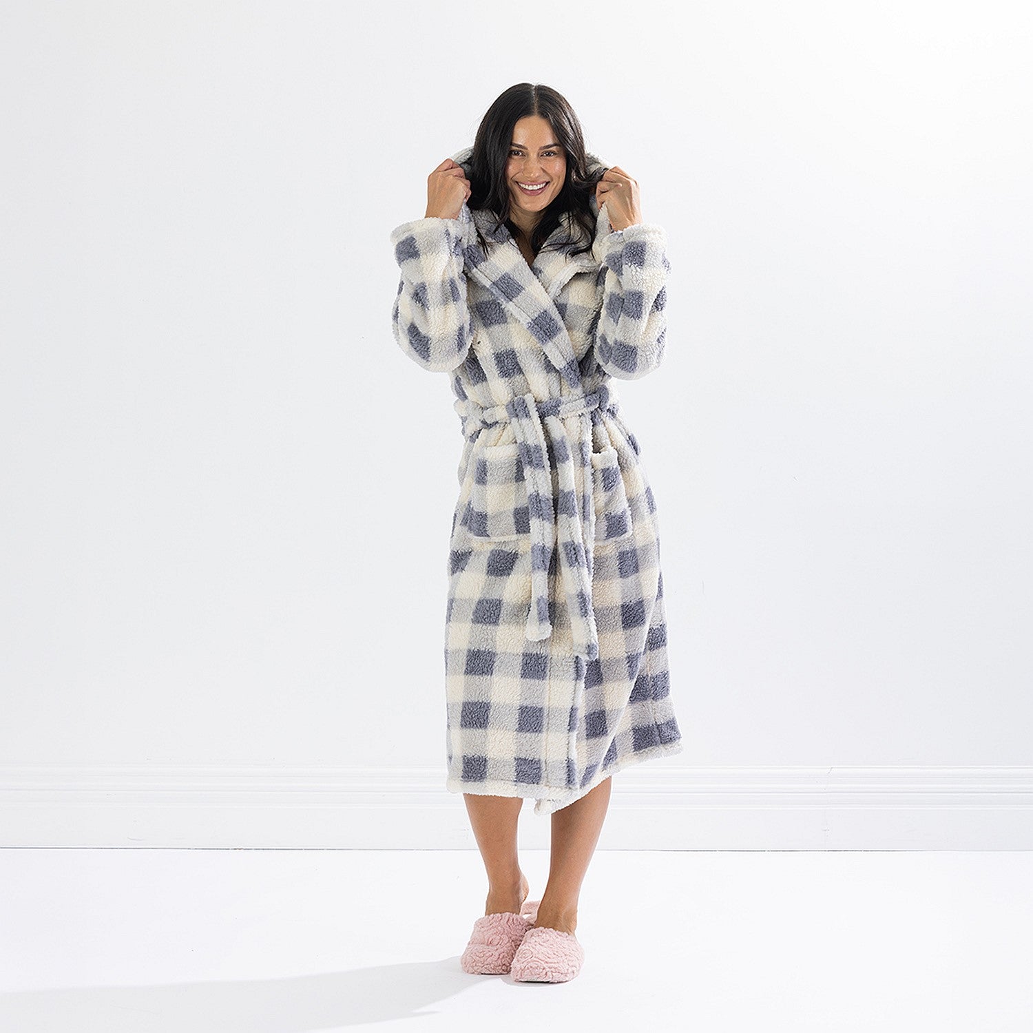 Solace Check Hooded 3/4 Length Plush Bathrobe Denim