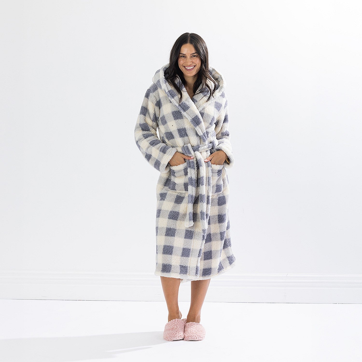 Solace Check Hooded 3/4 Length Plush Bathrobe Denim